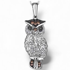 1/5 Carat Diamond Owl Champagne Accents Pendant 925 Sterling Silver Necklace